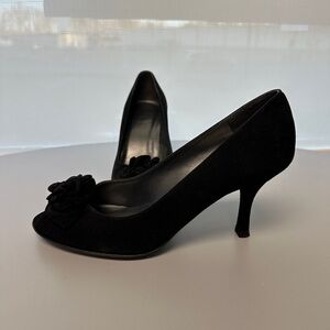 Stuart Weitzman Black Suede Peep-Toe Pumps with Rosette Detail
